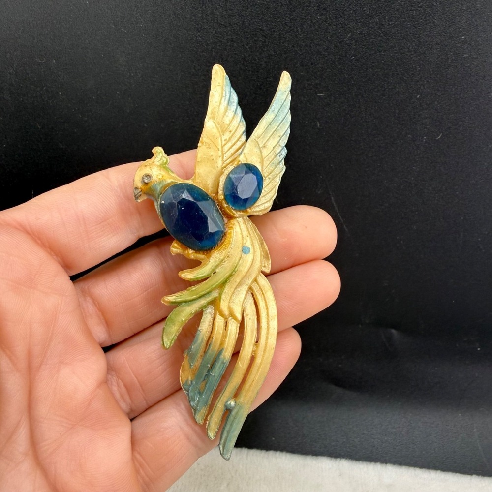 Vintage Bird Brooch Molded Celluloid Blue